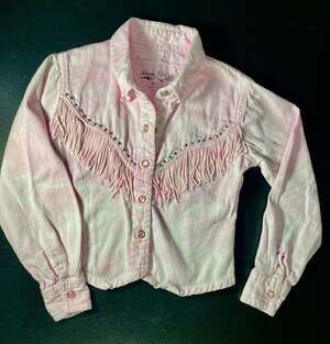 Adobe Rose Kids Pink Acid Wash Western Fringe Pearl Snap Shirt Size XS 4/5